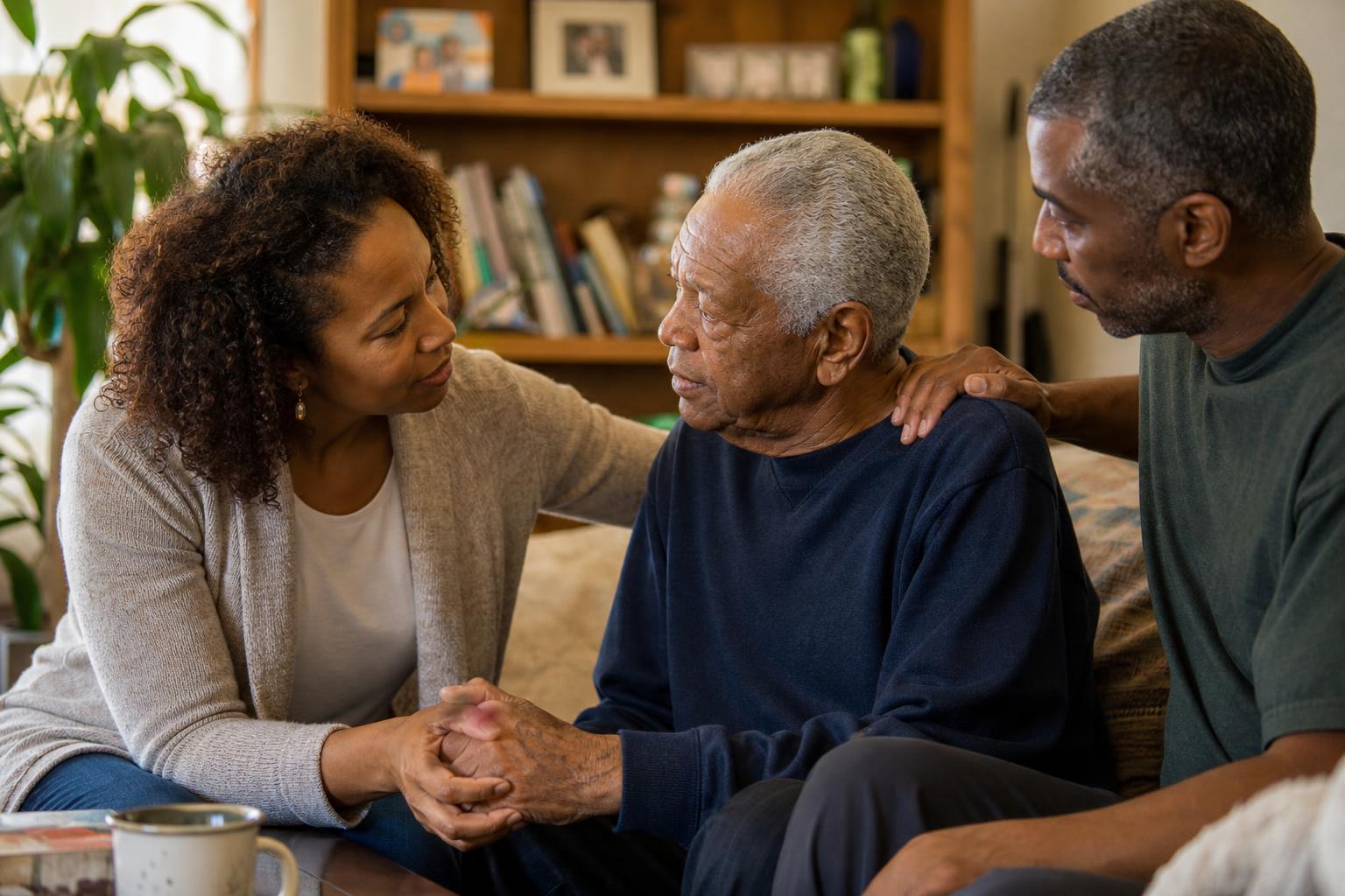 A multigenerational family sharing a warm, supportive moment at home — an adult daughter and son caring for their elderly father